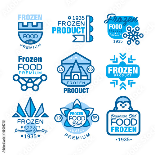 Frozen food product set of logo templates hand drawn vector Illustrations in blue colors