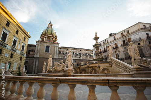 Fontana Pretoria (fountain of shame) on the sunset in the city of Palermo, Sicily, Italy.