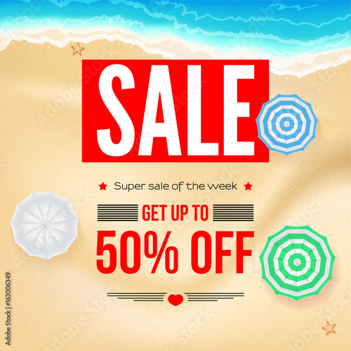 Selling ad banner, vintage text design. Fifty percent summer vacation discounts, sale background of the sandy beach and the sea shore. Template for online shopping, advertising actions.