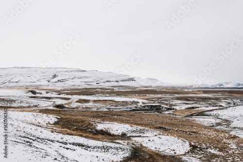 Snæfellsnes peninsula with its volcanoes covered in snow, winter icelandic landscape