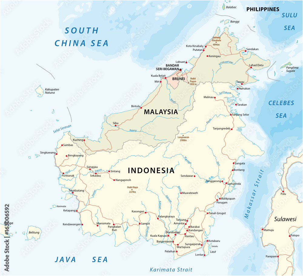 vector road map of island Borneo, Kalimantan