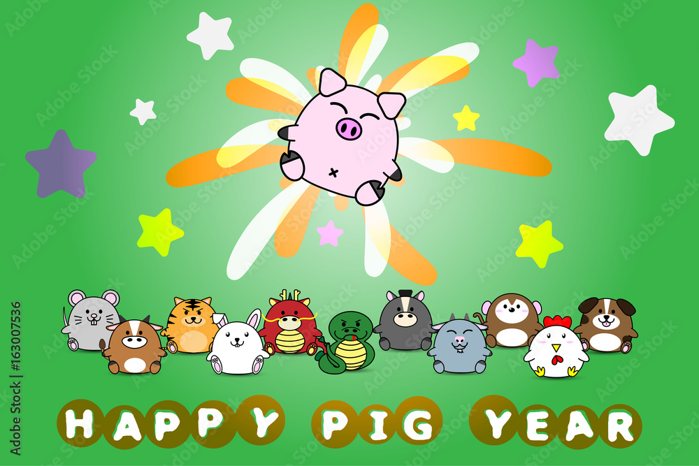 Fototapeta Szczęśliwego nowego roku dla świnia roku zwierzęcy symbolu horoskopu chińczyka zodiak w kreskówki projekta wektorowej ilustraci