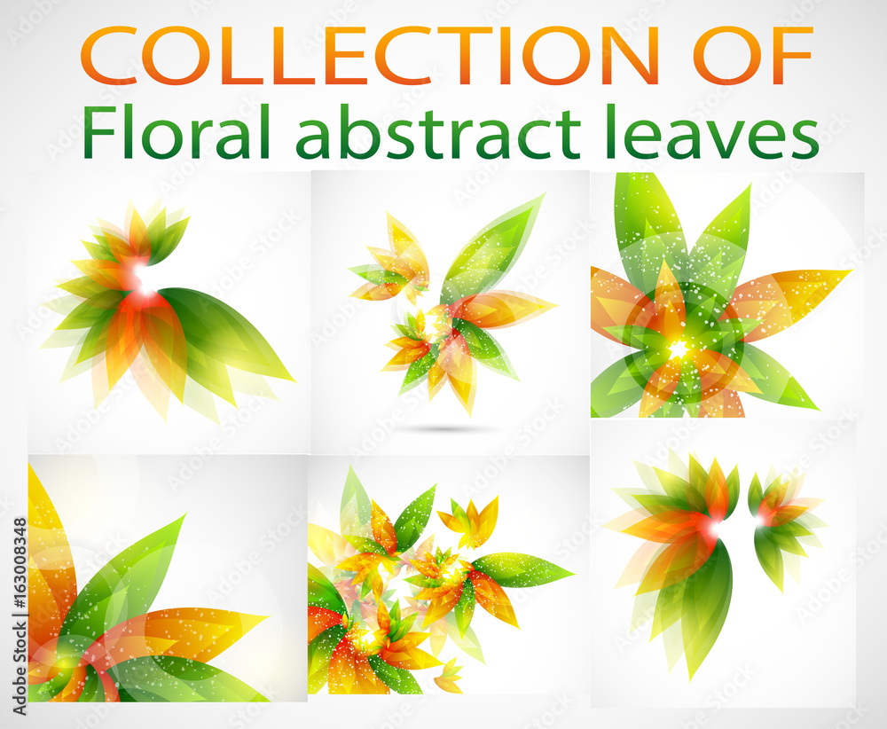 Collection of floral abstract vector background with green and orange leaves