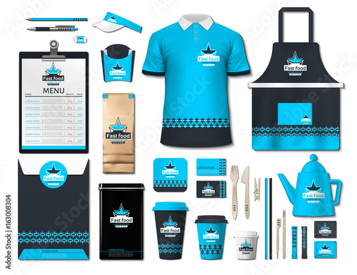 Business fastfood corporate identity items set. Vector fastfood Color promotional uniform, apron, menu, timetable, coffee cups design with logos. Work Stuff Stationery realistic collection