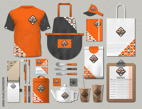 Business fastfood corporate identity items set. Vector fastfood orange Color promotional uniform, apron, menu, timetable, coffee cups design with logos. Work Stuff Stationery 3d realistic collection