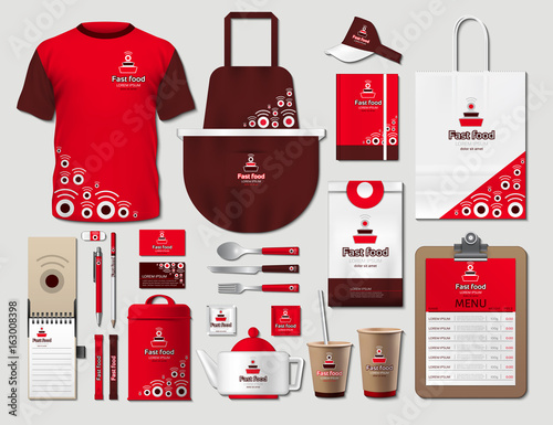 Business fastfood corporate identity items set. Vector fastfood red Color promotional uniform, apron, menu, timetable, coffee cups design with logos. Work Stuff Stationery 3d realistic collection
