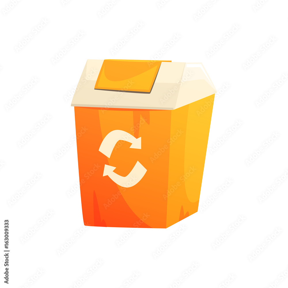 Orange garbage can with recycling sign, waste processing and utilization cartoon vector Illustration Orange garbage can with recycling sign, waste processing and utilization cartoon vector Illustration