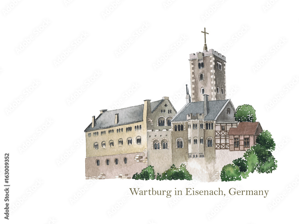 Wartburg in Eisenach, Germany, the place where Martin Luther translated the New Testament of the Bible into German. Watercolor illustration. 500th Protestant reformation - obrazy, fototapety, plakaty 