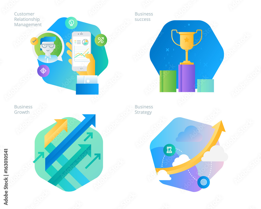 Material design icons set for CRM, business strategy, growth and success. UI/UX kit for web design, applications, mobile interface, infographics and print design. 