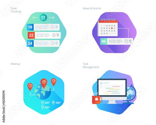 Material design icons set for time manager, news and events, meetup, task management, time tracking. UI/UX kit for web design, applications, mobile interface, infographics and print design. 