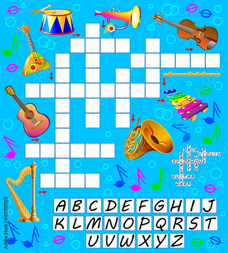 Crossword puzzle game with musical instruments. Educational page for children for study English words. Vector cartoon image.