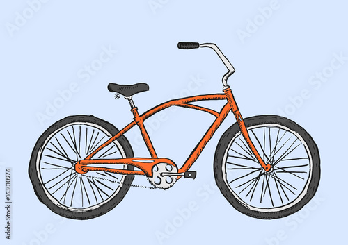 Hand drawn sketch illustration of bicycle. Cruiser bike