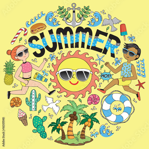 Vector illustration set of cute summer icons. Collection of tropical icons for wedding, anniversary, birthday and party. Design for banner, poster, card, invitation, brochure and scrapbook	