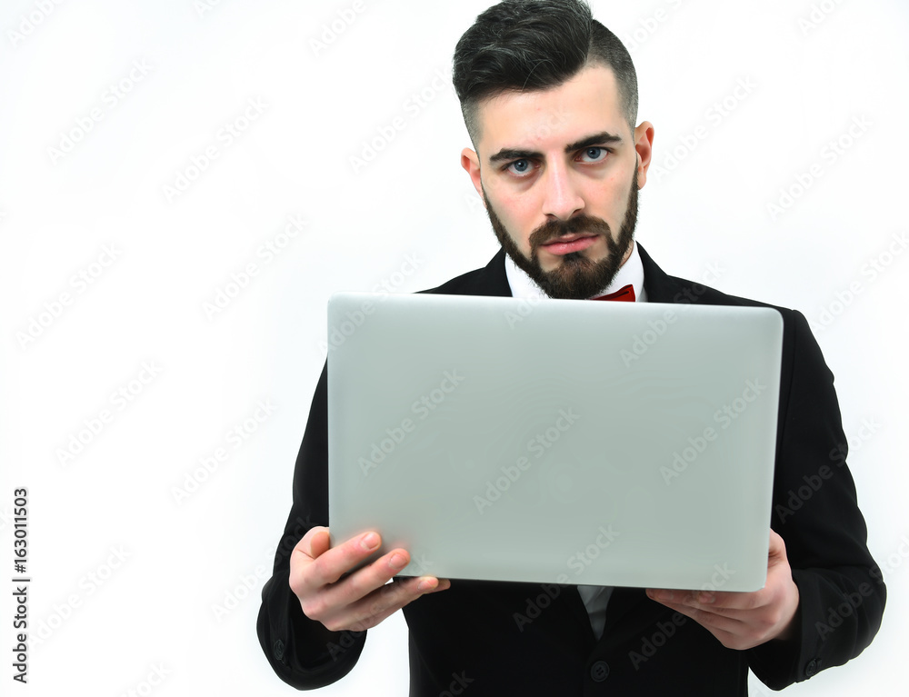 Busy businessman or successful realtor with beard and curious face Busy businessman or successful realtor with beard and curious face