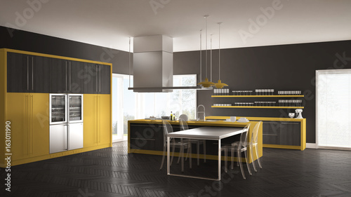 Minimalistic modern kitchen with table  chairs and parquet floor  gray and yellow interior design