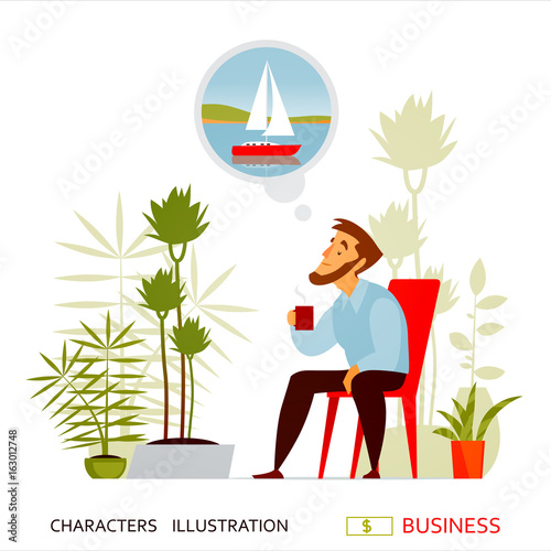 Office worker or a young businessman is resting among tropical plants and dreams dreams of sea and travel. A break in the time of work. Tea time. Concept, business, psychology. Vector illustration