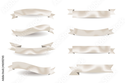 Vector collection of isolated realistic white satin ribbons and banners on the white background for decoration and covering.