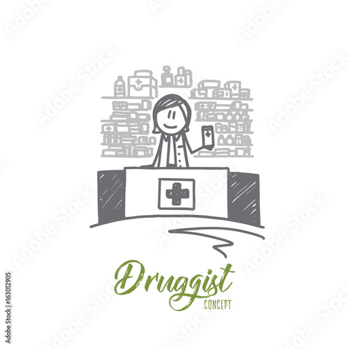 Druggist concept. Hand drawn male pharmacist dispensing medicine. Druggist holding a box of tablets isolated vector illustration.