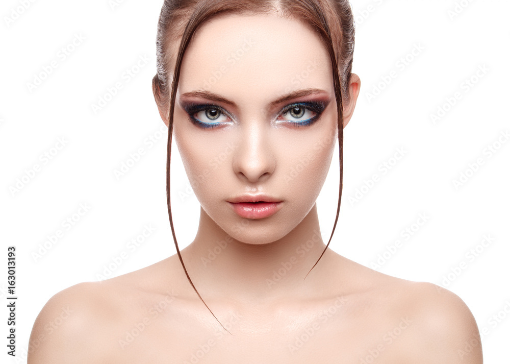 Beautiful spa model girl with perfect fresh clean skin, wet effect on her face and body, high fashion and beauty portrait , creative makeup theme , strobing or highlighting makeup, look at the camera.