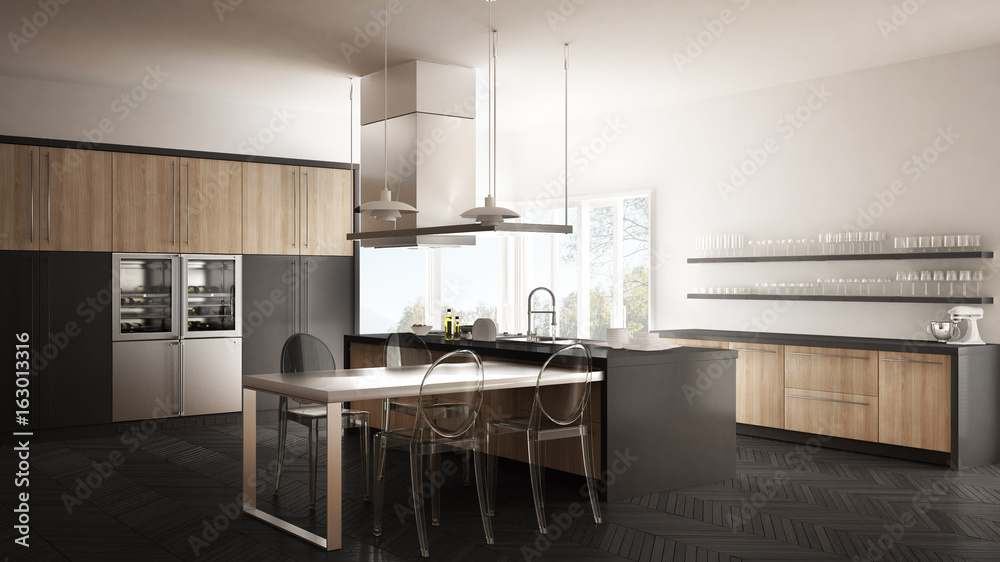 Minimalistic modern kitchen with table, chairs and parquet floor, white and gray interior design Minimalistic modern kitchen with table, chairs and parquet floor, white and gray interior design