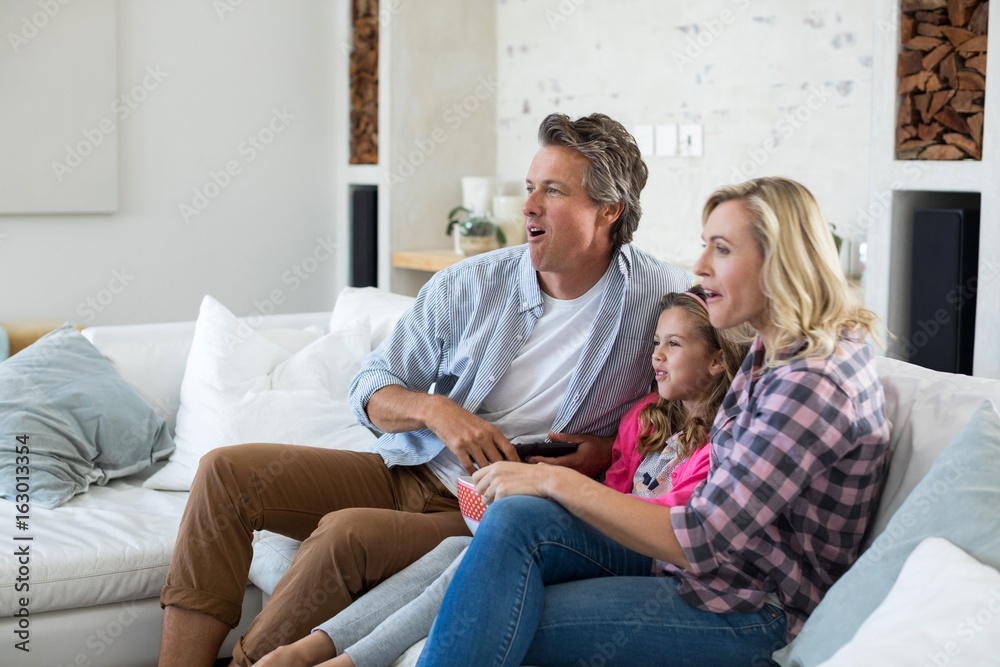 Family watching television while having popcorn 