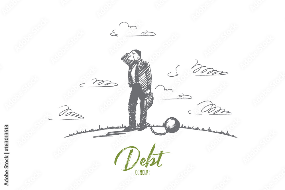 Debt concept. Hand drawn businessman chained to a large ball. Man in financial trouble isolated vector illustration.
