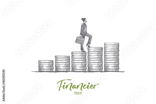 Financier concept. Hand drawn beautiful business woman. Female financier in formal suit isolated vector illustration.