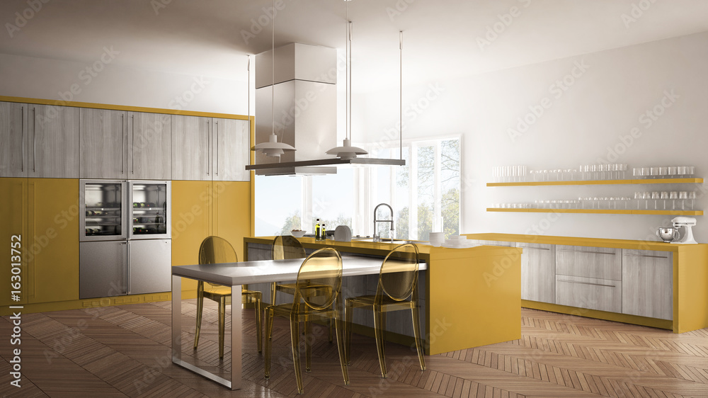 Fototapeta premium Minimalistic modern kitchen with table, chairs and parquet floor, white and yellow interior design