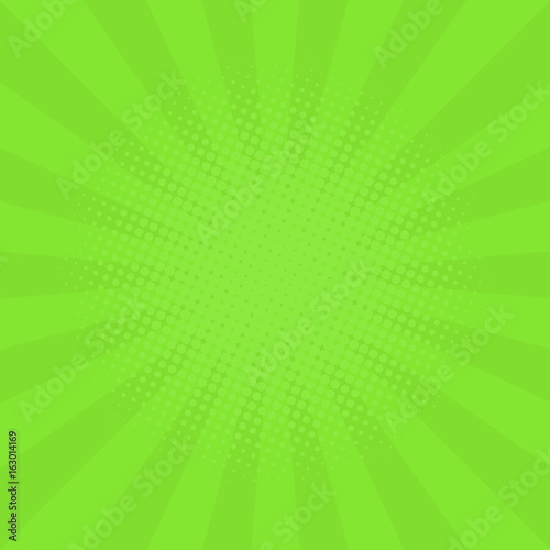 Abstract background with cartoon rays of green color. Template for your projects. The cartoon sun. Halftone effect. Flat style
