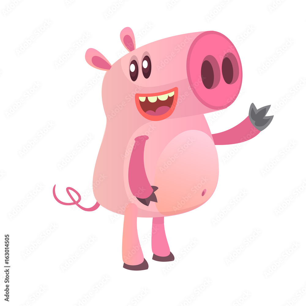 Fototapeta premium Happy cartoon pig presenting. Farm animals. Vector illustration of a smiling piggy isolated on white