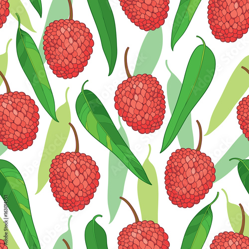 Vector seamless pattern with outline red Chinese Lychee or Litchi fruit and green leaf on the white background. Fruit pattern with subtropical plant in contour style for exotic summer design.