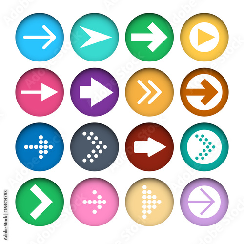 Vector set of different color Arrows icons in cut paper buttons