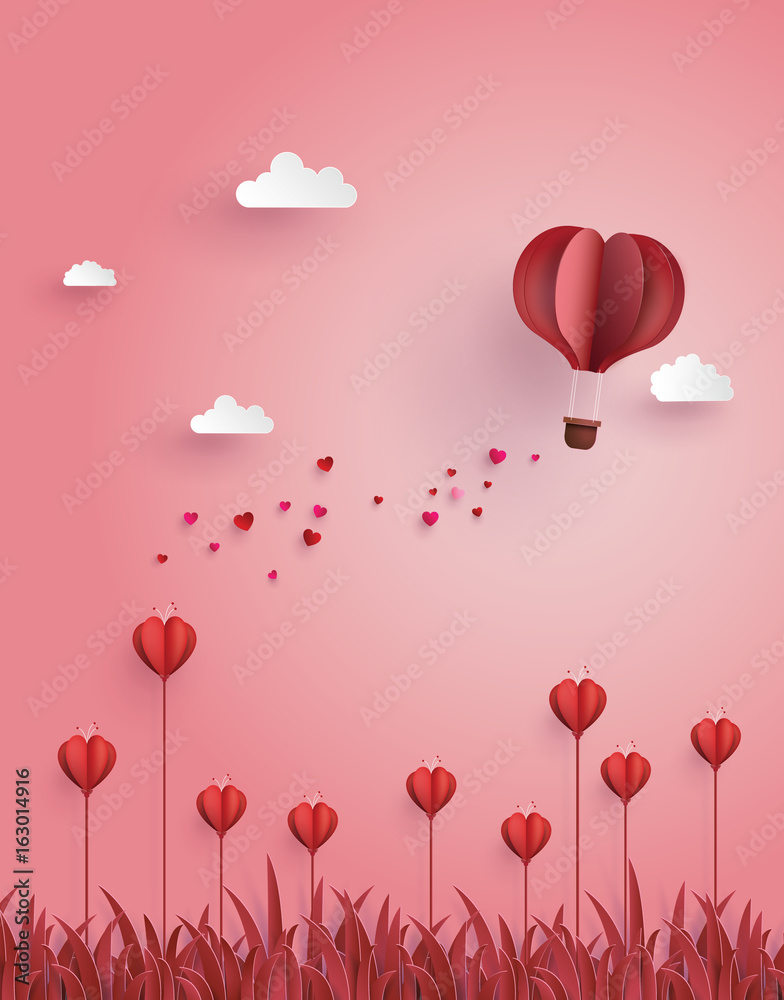 ...Greeting card of hot air balloon  fly over flower field ,concept of love and Valentine's Day.