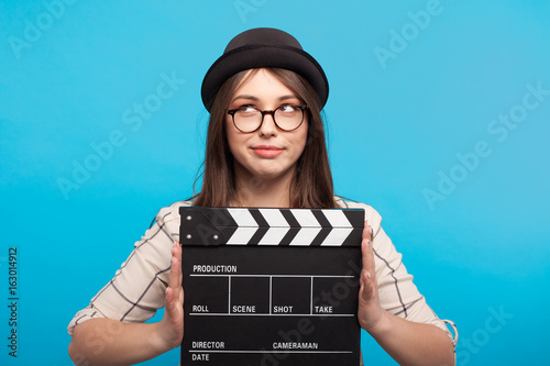 Expressive model with clapboard