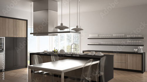 Minimalistic modern kitchen with table  chairs and parquet floor  white and gray interior design