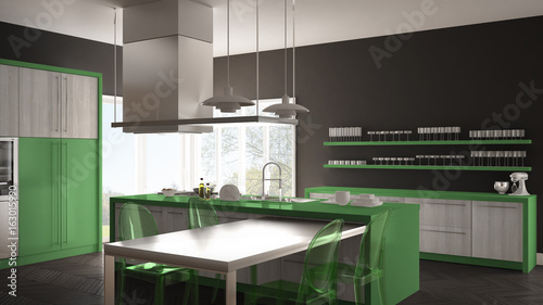 Minimalistic modern kitchen with table  chairs and parquet floor  gray and green interior design
