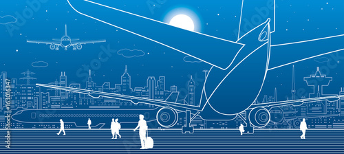 Airport scene. The plane is on the runway. Aviation transportation infrastructure. Airplane fly, people get on the plane. Night city on background, vector design art