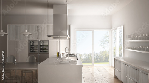 Minimalistic modern kitchen with table  chairs and parquet floor  white interior design