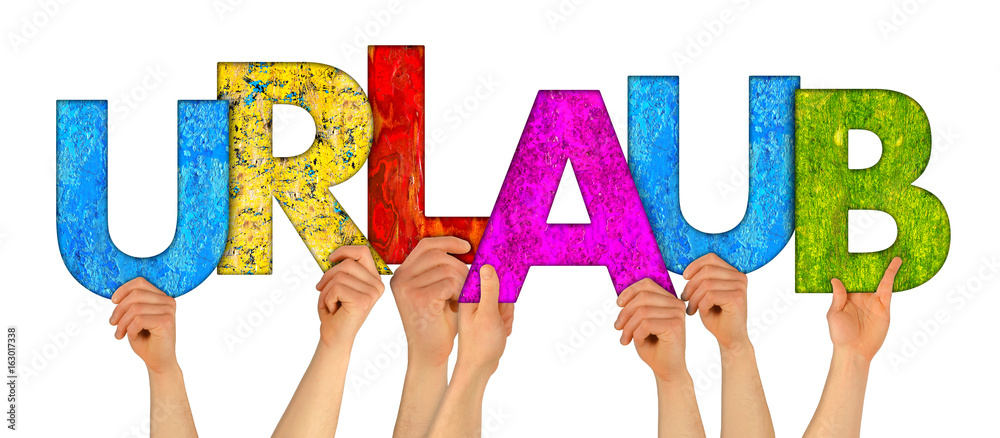 Hands Holding Up Colorful Letters Shaping The German Word Vacation 