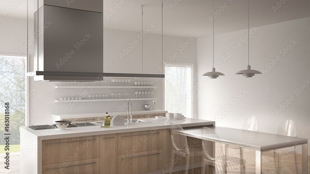 Minimalistic modern kitchen with table, chairs and parquet floor, white interior design Minimalistic modern kitchen with table, chairs and parquet floor, white interior design