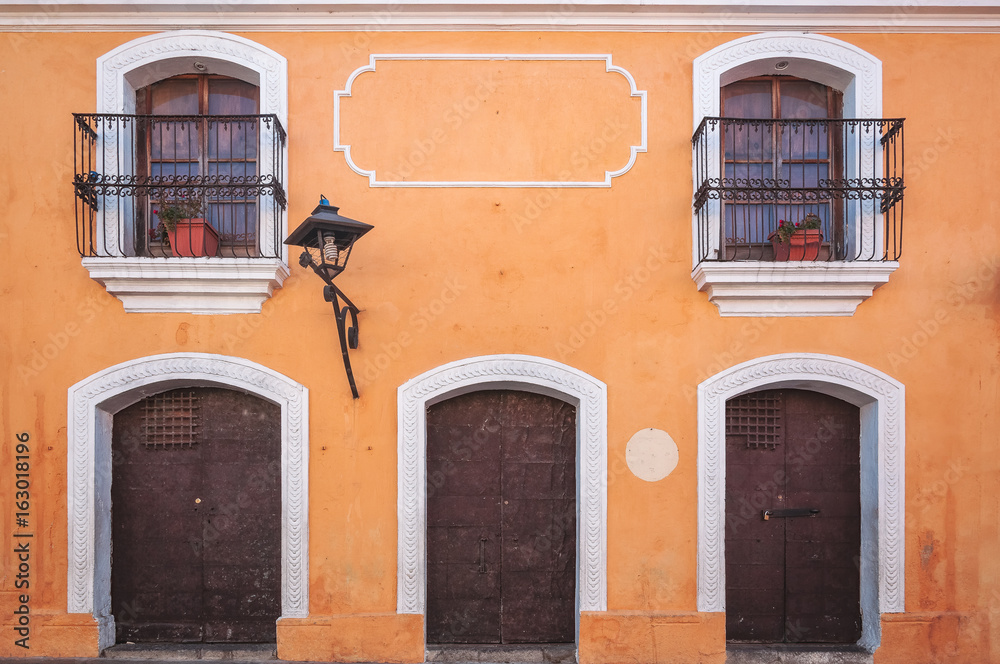 Colorful Facade of a Heritage building in historic center of Antigua, Guatemala.