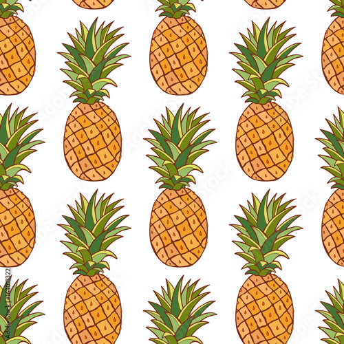 Pineapples pattern. Hand drawn seamless texture on white background. Fashion summer print design