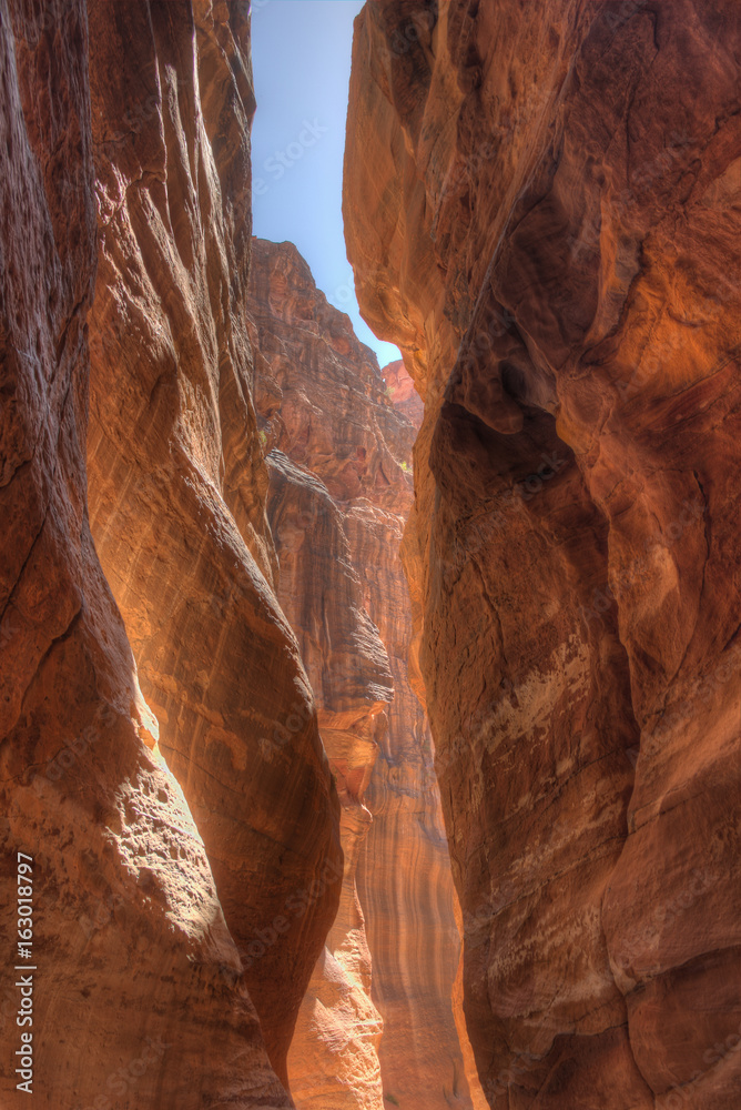 A narrow passage in the Siq, seen from the trail to Petra A narrow passage in the Siq, seen from the trail to Petra