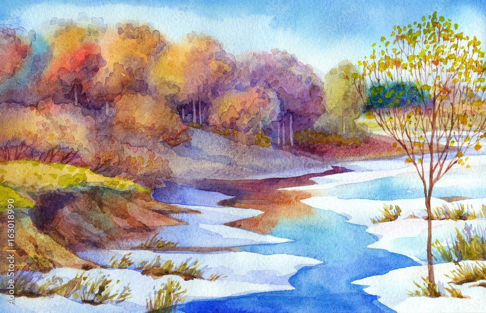 Stream in forest valley winter day. Watercolour landscape