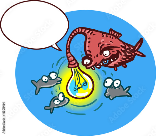 a sneaky deepwater fish, with light bulb. ugly and sneaky fish, says something to other fishes. cartoon style freehand illustration, separate editable layers, with empty speech bubble.