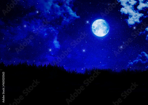 nighty wood silhouette with stars and full moon