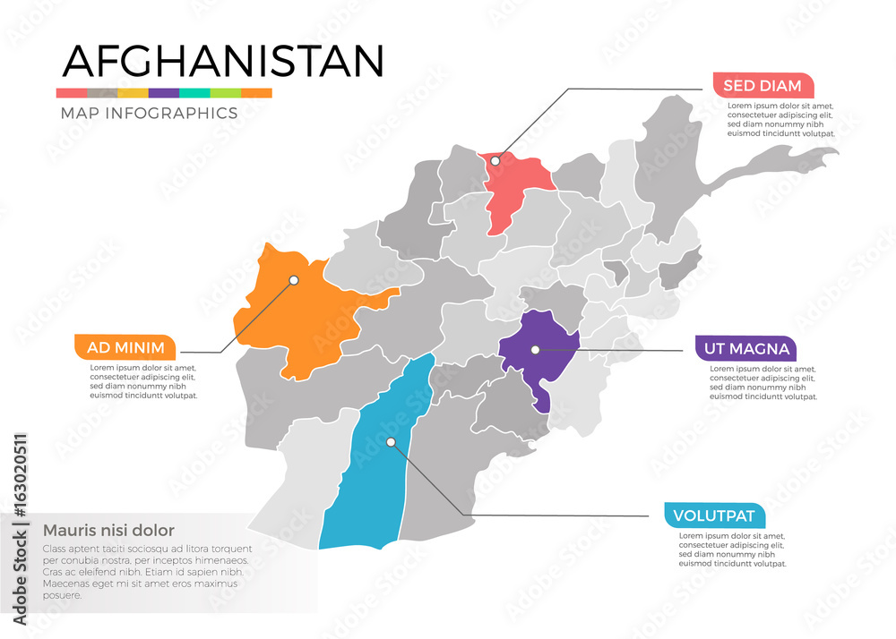 Afghanistan map infographics vector template with regions and pointer marks Afghanistan map infographics vector template with regions and pointer marks