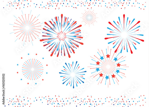 Vector Fireworks bright confetti border. Festive decoration banner red blue color. American Holiday, Memorial day, Labor Day. Festival decorative frame, elements white background.