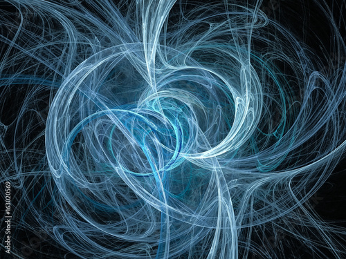 abstract fractal computer generated image. Blue bright swirl on black background
