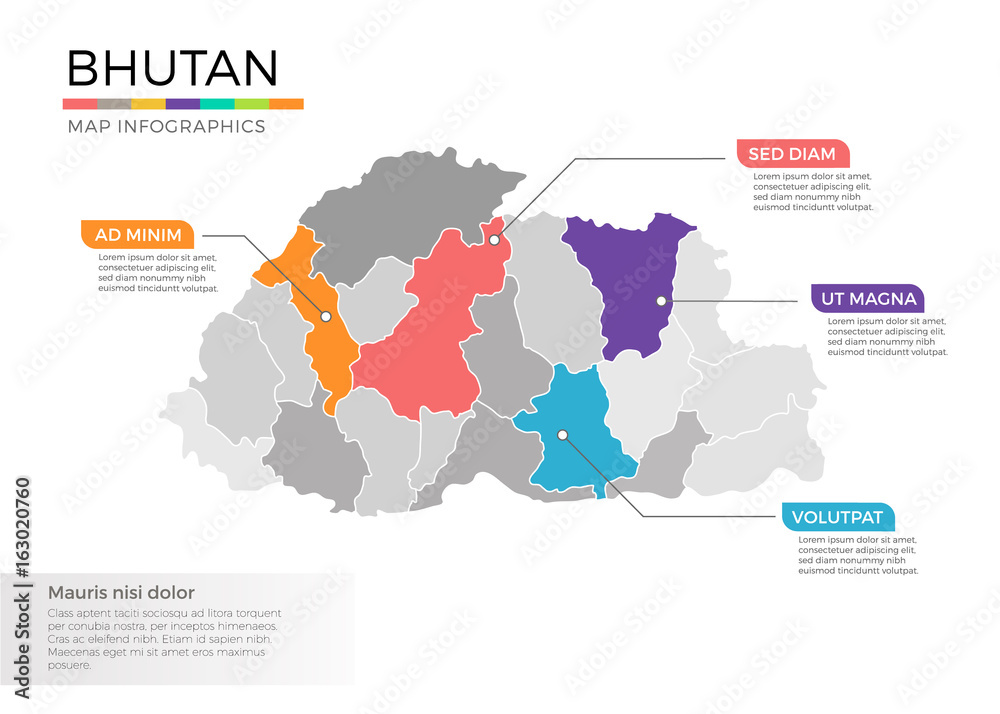 Bhutan map infographics vector template with regions and pointer marks